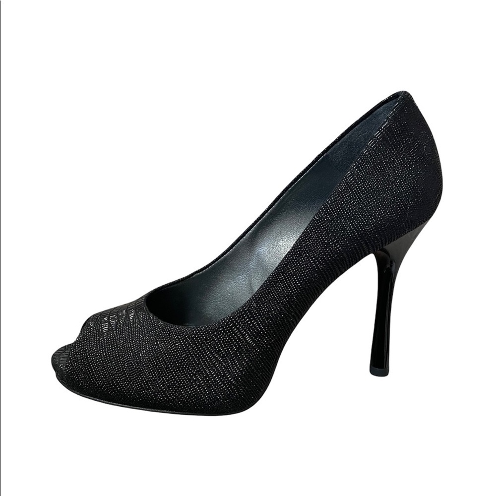 Stuart Weitzman Leather Peep Toe Black Metallic Platform Shoes Size 8 M